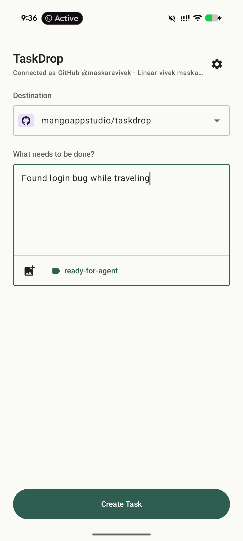 TaskDrop capture screen with a GitHub destination, a bug note, and a ready-for-agent label.