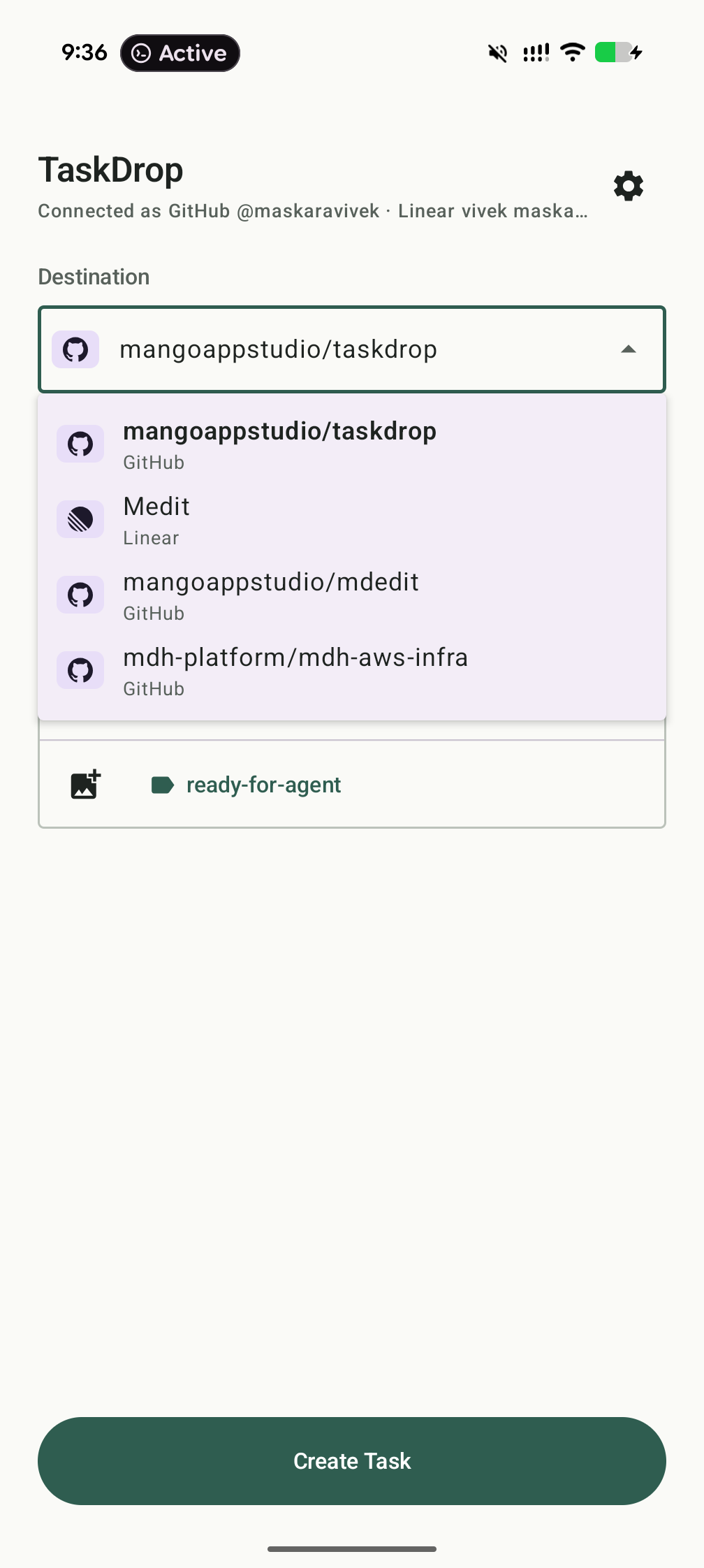 TaskDrop destination picker showing searchable GitHub and Linear destinations.